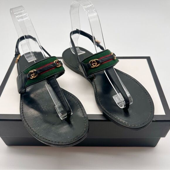 Gucci Siryo GG Web Strap Flat Leather Sandals Interlocking Black Thong EU 36.5 - Picture 1 of 12